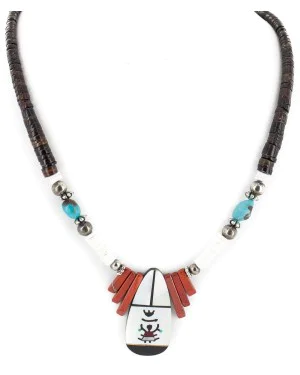 Certified Authentic Navajo .925 Sterling Silver Inlay Natural Graduated Melon Shell Turquoise Mother of Pearl Red Jasper Native American Necklace 15481-22