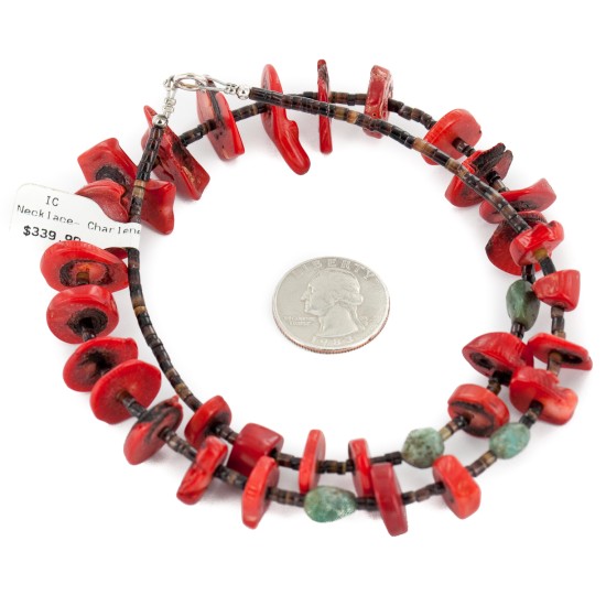 Navajo .925 Sterling Silver Natural Turquoise Coral Heishi Necklace 25235-4