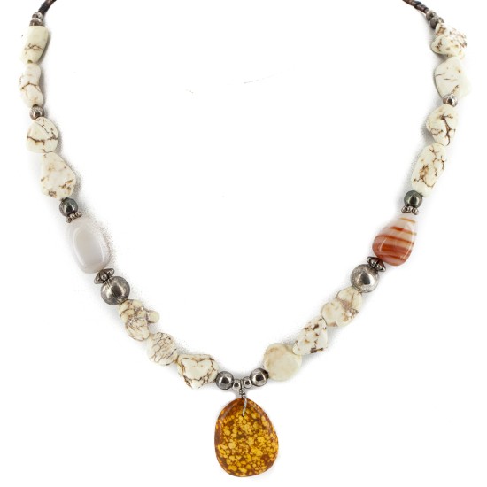 Certified Authentic Navajo .925 Sterling Silver White Howlite Carnelian Jasper Native American Necklace 15463-17