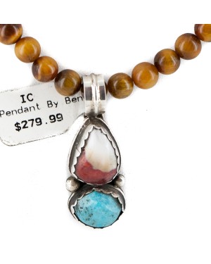 .925 Sterling Silver Certified Authentic Navajo Natural Turquoise Spiny Oyster Tigers Eye Native American Necklace 14492-27-10225 .925 Sterling Silver Certified Authentic Navajo Natural Turquoise Spiny Oyster Tigers Eye Native American Necklace 14492-27-10225