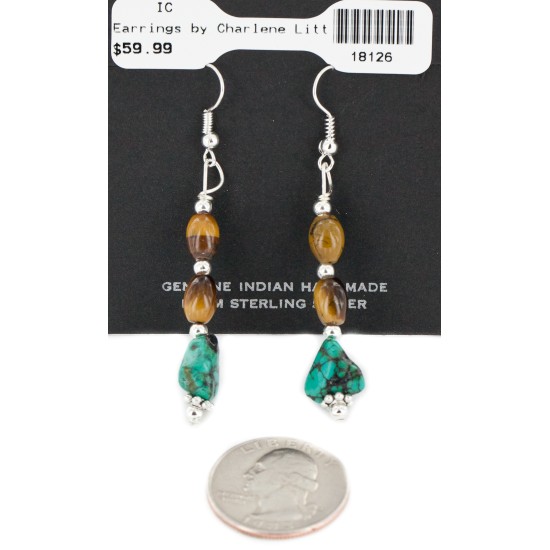 Certified Authentic Navajo .925 Sterling Silver Hooks Dangle Natural Turquoise Tigers Eye Native American Earrings 18126 All Products NB151230230532 18126 (by LomaSiiva)