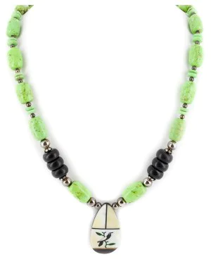 Bird Certified Authentic Navajo .925 Sterling Silver Inlay Natural Graduated Melon Shell Mother of Pearl Gaspeite Native American Necklace 15213-201 Bird Certified Authentic Navajo .925 Sterling Silver Inlay Natural Graduated Melon Shell Mother of Pearl Gaspeite Native American Necklace 15213-201