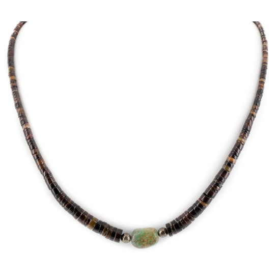 Certified Authentic Navajo .925 Sterling Silver Natural Dark Graduated Heishi and Turquoise Native American Necklace 15262-55 Certified Authentic Navajo .925 Sterling Silver Natural Dark Graduated Heishi and Turquoise Native American Necklace 15262-55