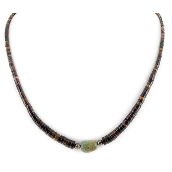 Certified Authentic Navajo .925 Sterling Silver Natural Dark Graduated Heishi and Turquoise Native American Necklace 15262-55