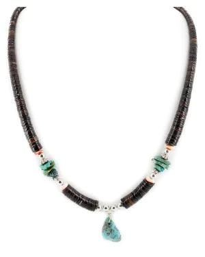 Certified Authentic Navajo .925 Sterling Silver Natural Graduated Melon Shell and Turquoise Native American Necklace 18132