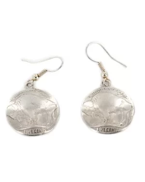 Vintage Style OLD Buffalo Coin Certified Authentic Navajo .925 Sterling Silver Dangle Native American Earrings 18045