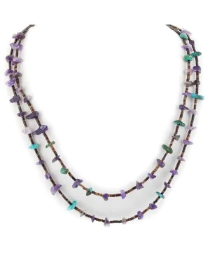 2 Strand Navajo .925 Sterling Silver Natural Turquoise Amethyst Necklace NB160108002008