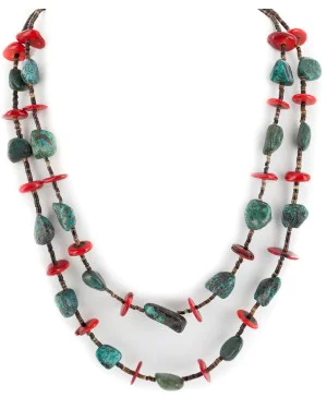 2 Strand Certified Authentic Navajo .925 Sterling Silver Natural Turquoise Coral Native American Necklace 15297-101 2 Strand Certified Authentic Navajo .925 Sterling Silver Natural Turquoise Coral Native American Necklace 15297-101