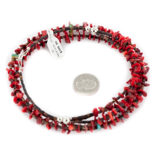 3 Strand Certified Authentic Navajo .925 Sterling Silver Natural Turquoise Coral Native American Necklace 750158-0