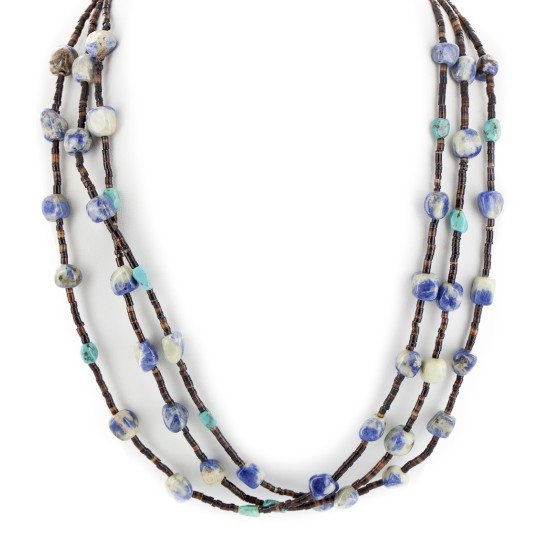3 Strand Certified Authentic Navajo .925 Sterling Silver Natural Turquoise Lapis Native American Necklace 18110-40 3 Strand Certified Authentic Navajo .925 Sterling Silver Natural Turquoise Lapis Native American Necklace 18110-40