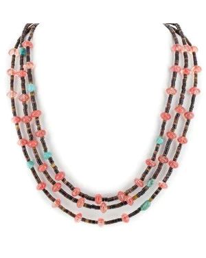 3 Strand Certified Authentic Navajo .925 Sterling Silver Natural Turquoise Pink Quartz Native American Necklace 15297-117 3 Strand Certified Authentic Navajo .925 Sterling Silver Natural Turquoise Pink Quartz Native American Necklace 15297-117