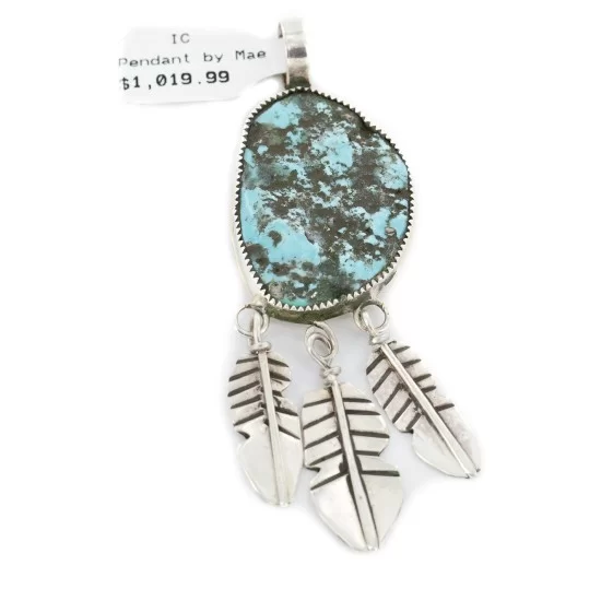 Feather Certified Authentic .925 Sterling Silver Handmade Navajo Natural Turquoise Native American Pendant 14990-1