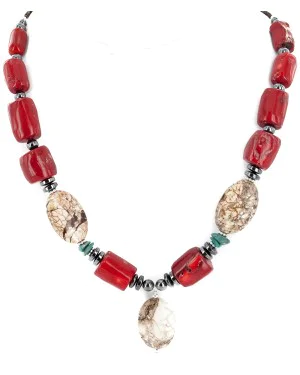 Certified Authentic Navajo .925 Sterling Silver Coral White Howlite Hematite Native American Necklace 16095 Certified Authentic Navajo .925 Sterling Silver Coral White Howlite Hematite Native American Necklace 16095