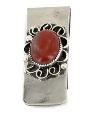 Handmade Certified Authentic Navajo Nickel and .925 Sterling Silver Natural Red Jasper Native American Money Clip 11250-3 Handmade Certified Authentic Navajo Nickel and .925 Sterling Silver Natural Red Jasper Native American Money Clip 11250-3