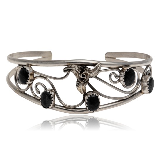 Handmade Certified Authentic Navajo .925 Sterling Silver Natural Black Onyx Native American Flower Cuff Bracelet 12946-4