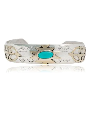 12kt Gold Filled and .925 Sterling Silver Certified Authentic Feather Handmade Navajo Natural Turquoise Native American Cuff Bracelet 12968-2