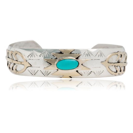 12kt Gold Filled and .925 Sterling Silver Certified Authentic Feather Handmade Navajo Natural Turquoise Native American Cuff Bracelet 12968-2