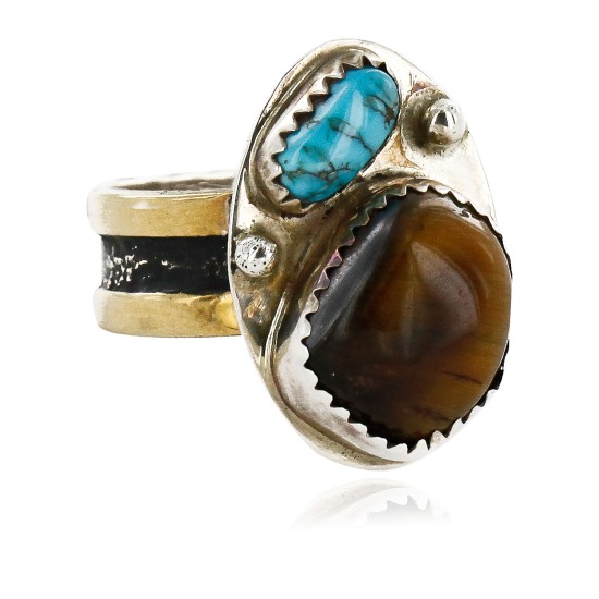 12kt Gold Filled 925 Sterling Silver Handmade Certified Authentic Navajo Natural Turquoise and Tigers Eye Native American Ring  12689-2