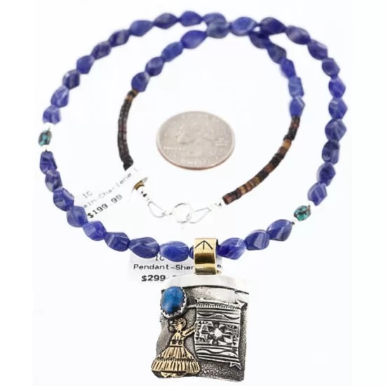 12kt Gold Filled .925 Sterling Silver Handmade NAVAJO LADY WEAVING RUG Certified Authentic Turquoise Native American Necklace 371010713055