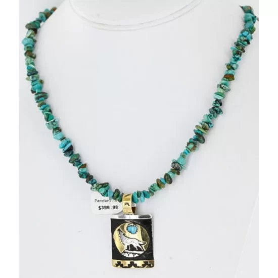 12kt Gold Filled .925 Sterling Silver Handmade Wolf and Full Moon Certified Authentic Navajo Turquoise Native American Necklace 390854056814