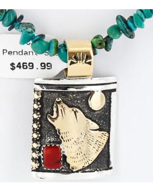 12kt Gold Filled .925 Sterling Silver Handmade Wolf and Moon Certified Authentic Navajo Coral Native American Necklace 371037500012