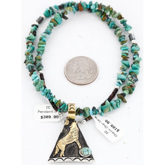 12kt Gold Filled .925 Sterling Silver Handmade Wolf and Moon Certified Authentic Navajo Turquoise Native American Necklace 390789437808