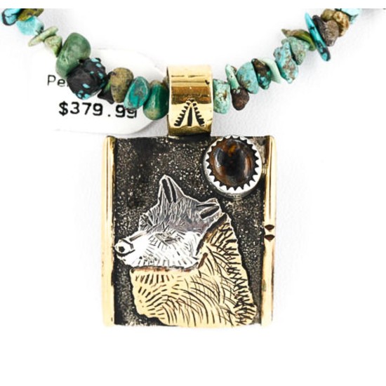 12kt Gold Filled .925 Sterling Silver Handmade Wolf Certified Authentic Navajo Tigers Eye Turquoise Native American Necklace 390829108731