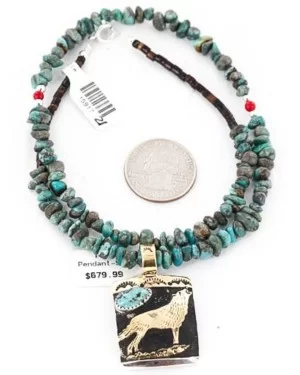 12kt Gold Filled .925 Sterling Silver Handmade Wolf Certified Authentic Navajo Turquoise Native American Necklace 371049319274