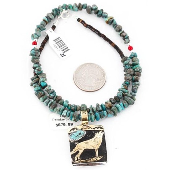12kt Gold Filled .925 Sterling Silver Handmade Wolf Certified Authentic Navajo Turquoise Native American Necklace 371049319274