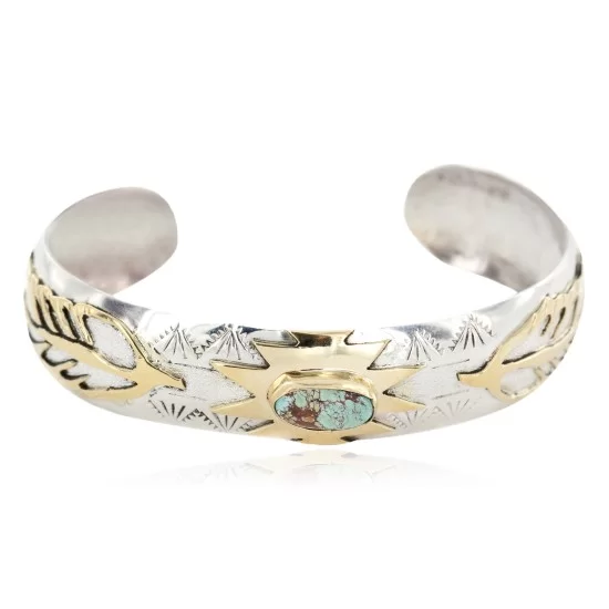 12kt Gold Filled and .925 Sterling Silver Certified Authentic Feather Handmade Navajo Natural Spiderweb Turquoise Native American Bracelet 12968-301