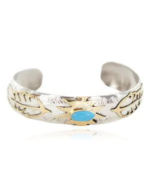 12kt Gold Filled and .925 Sterling Silver Certified Authentic Feather Handmade Navajo Natural Turquoise Native American Bracelet  13094-3