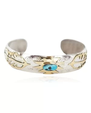 12kt Gold Filled and .925 Sterling Silver Certified Authentic Feather Handmade Navajo Natural Turquoise Native American Bracelet  13094-6