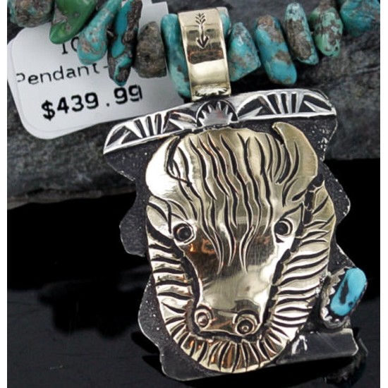 12kt Gold Filled and .925 Sterling Silver Handmade Buffalo Head Certified Authentic Navajo Turquoise Native American Necklace 390670133263