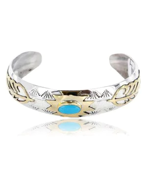 12kt Gold Filled and .925 Sterling Silver Handmade Feather Certified Authentic Navajo Turquoise Native American Bracelet 390812961164