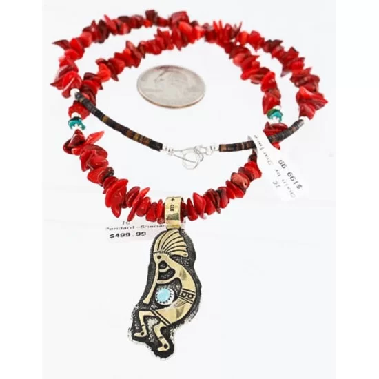 12kt Gold Filled and .925 Sterling Silver HANDMADE KOKOPELLI Certified Authentic Navajo Turquoise and Coral Native American Necklace 371115338102