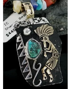 12kt Gold Filled and .925 Sterling Silver Handmade KOKOPELLI Certified Authentic Navajo Turquoise Native American Necklace 390664731179