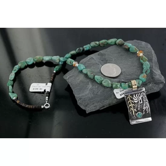 12kt Gold Filled and .925 Sterling Silver Handmade KOKOPELLI Certified Authentic Navajo Turquoise Native American Necklace 390673065306