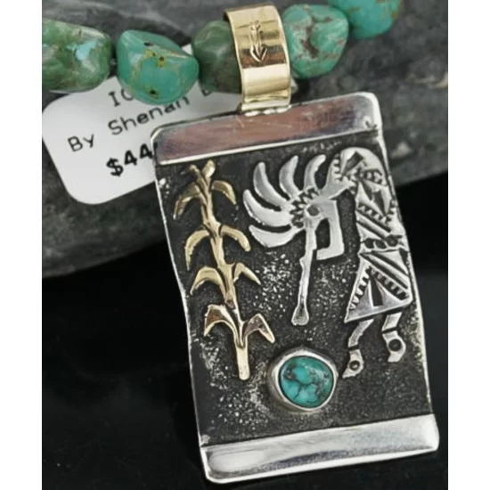 12kt Gold Filled and .925 Sterling Silver Handmade KOKOPELLI Certified Authentic Navajo Turquoise Native American Necklace 390673065306
