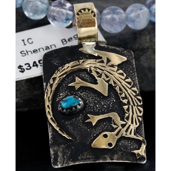 12kt Gold Filled and .925 Sterling Silver Handmade Lizard Certified Authentic Navajo Turquoise Native American Necklace 390738864747