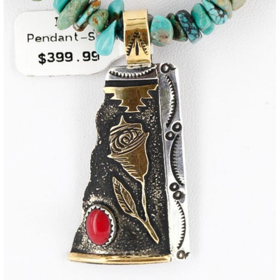 12kt Gold Filled and .925 Sterling Silver Handmade Rose Certified Authentic Navajo Natural CORAL Native American Necklace 371051509221