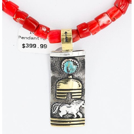 12kt Gold Filled and .925 Sterling Silver HANDMADE Storyteller Certified Authentic Navajo Turquoise and Coral Native American Necklace 390889591658