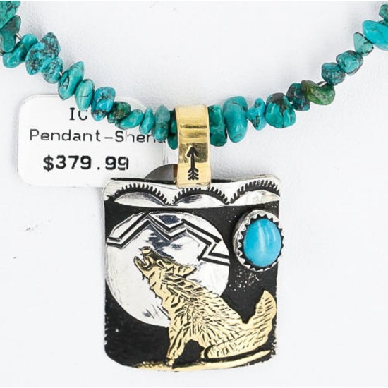 12kt Gold Filled and .925 Sterling Silver HANDMADE Wolf and FULL Moon Certified Authentic Navajo Turquoise Native American Necklace 390889619828