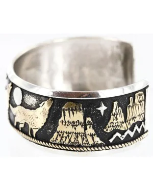 12kt Gold Filled and .925 Sterling Silver Handmade WOLF and MOUNTAIN Certified Authentic Navajo Native American Bracelet 371011763011