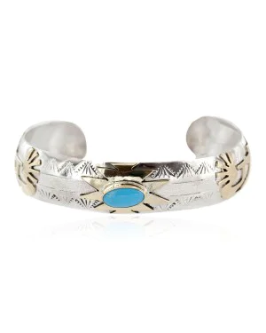 12kt Gold Filled and .925 Sterling Silver Kokopelli Certified Authentic Handmade Navajo Natural Turquoise Native American Bracelet 12966