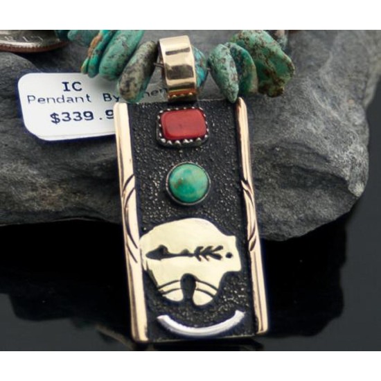 12kt Gold Filled, Handmade Bear Arrow Turquoise .925 Sterling Silver Certified Authentic Navajo 521 Native American Necklace 390576104133