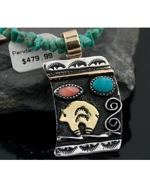 12kt Gold Filled, Handmade Bear Turquoise Spiny Oyster and .925 Sterling Silver Certified Authentic Navajo 386 Native American Necklace 370799144128