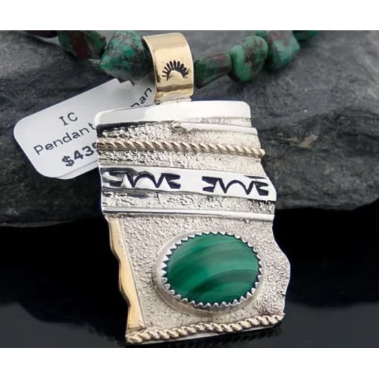12kt Gold Filled Handmade Certified Authentic .925 Sterling Silver Navajo Natural Malachite and Turquoise Native American Necklace 390614969457