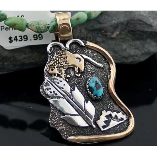 12kt Gold Filled Handmade Feather Buffalo Turquoise .925 Sterling Silver Navajo Necklace 740101-32-790102 12kt Gold Filled Handmade Feather Buffalo Turquoise .925 Sterling Silver Navajo Necklace 740101-32-790102