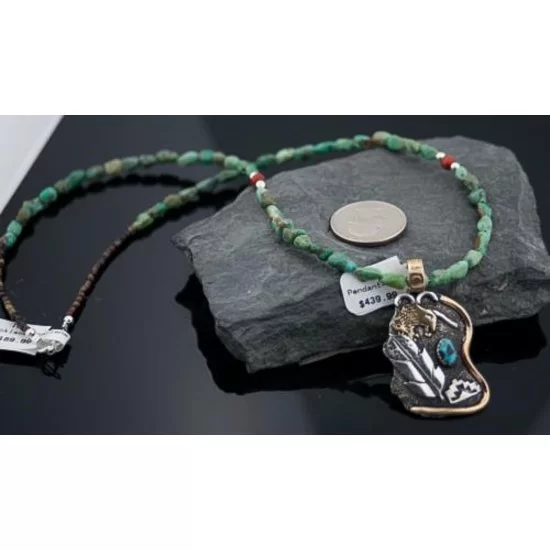 12kt Gold Filled Handmade Feather Buffalo Turquoise .925 Sterling Silver Navajo Necklace 740101-32-790102 12kt Gold Filled Handmade Feather Buffalo Turquoise .925 Sterling Silver Navajo Necklace 740101-32-790102