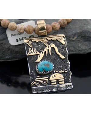 12kt Gold Filled Handmade Storyteller Turquoise Certified Authentic .925 Sterling Silver Navajo Native American Necklace 370821350590